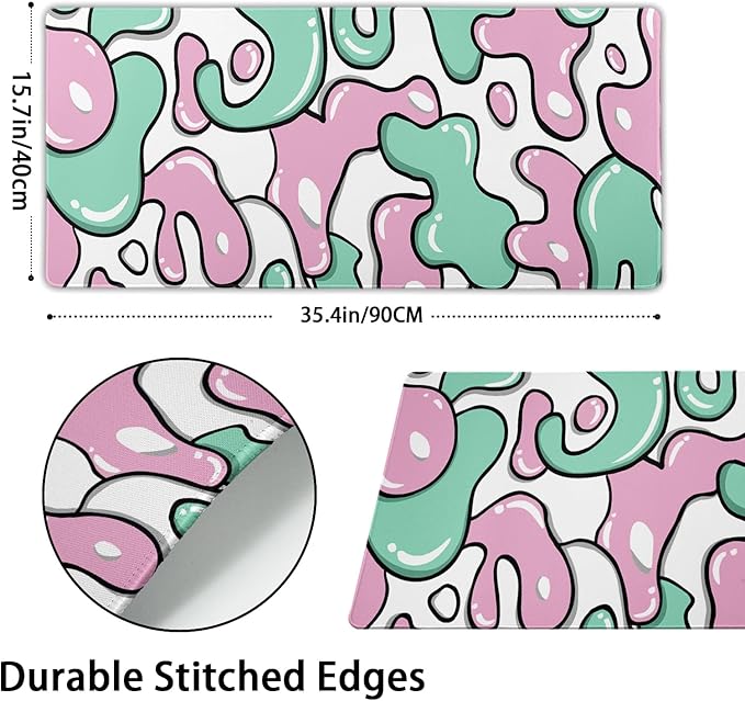 Pink Green White Mouse Pad 35.4”x15.7” Anime Cool Geometric Japanese Desk Mat Extended XXL Mouse Pad Non-Slip Rubber Base Stitched Edge Keyboard Mouse Mat Laptop Desk Pad Large for Working