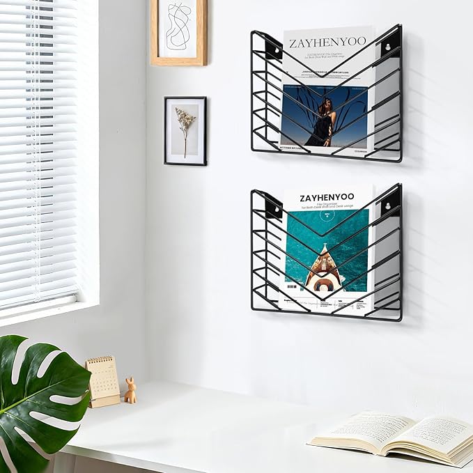 Hanging Wall File Organizer, Wall Mounted Magazine Rack, Wall File Holder Storage Metal for Office and Bathroom Hanging Magazine, Mail, Paper, Document Folder and Books(Black)