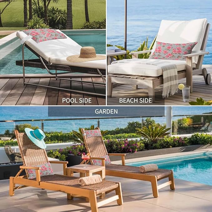 Outdoor Pillows with Insert 1 Pack-11"x16" Spring Summer Pink Rose Floral Vintage Head Pillow for Pool Lounger and Office Chair Lumbar Pillow with Adjustable Strap