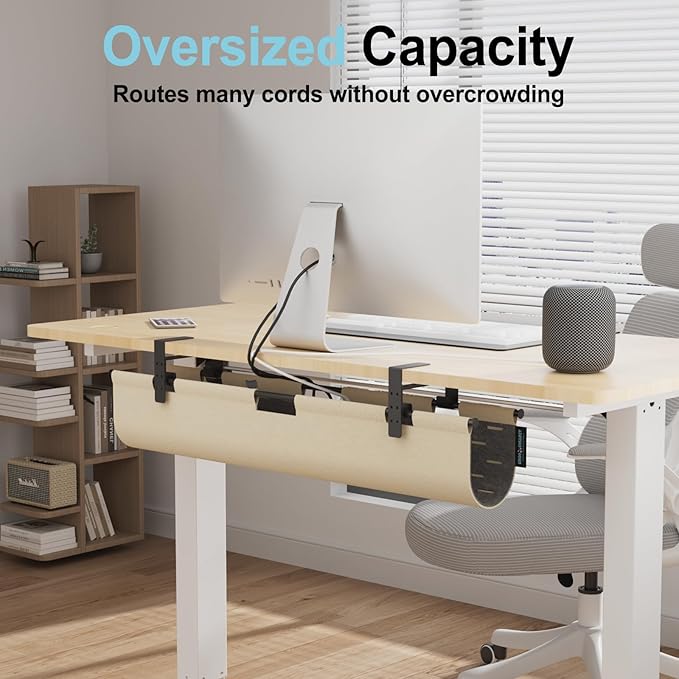 No Drill Under Desk Cable Management Tray, 30" Felt Cord Organizer for Table, Clamp/Screw Mount Wire Management with Privacy Panel for Standing Desk & Home Office (Khaki/Gray)