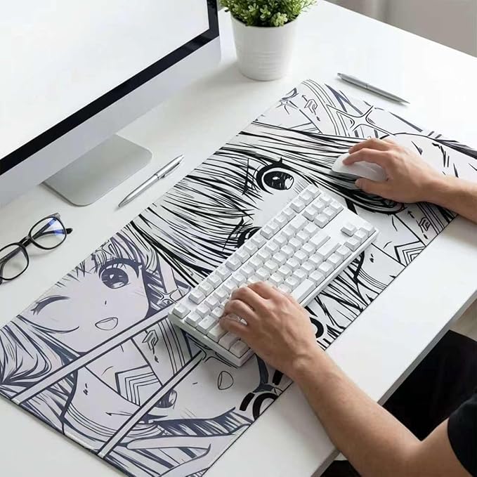 XXL Anime Girl Mouse Pad Black White –Super Thick Large Manga Girl Desk Mat 31.5x15.7 – Non-Slip, Water-Resistant, Stitched Edges – Aesthetic Japanese Gaming Mat 800X400X4mm