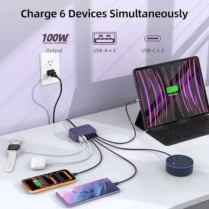 6 in 1 USB Charger, Charging Station for Multiple Devices, 100W Fast Charging Blocks with Type C Ports, USB Charging Hub Organizer Multiport Power Strip for iPhone, Ipad, Kindle, Travel Accessories
