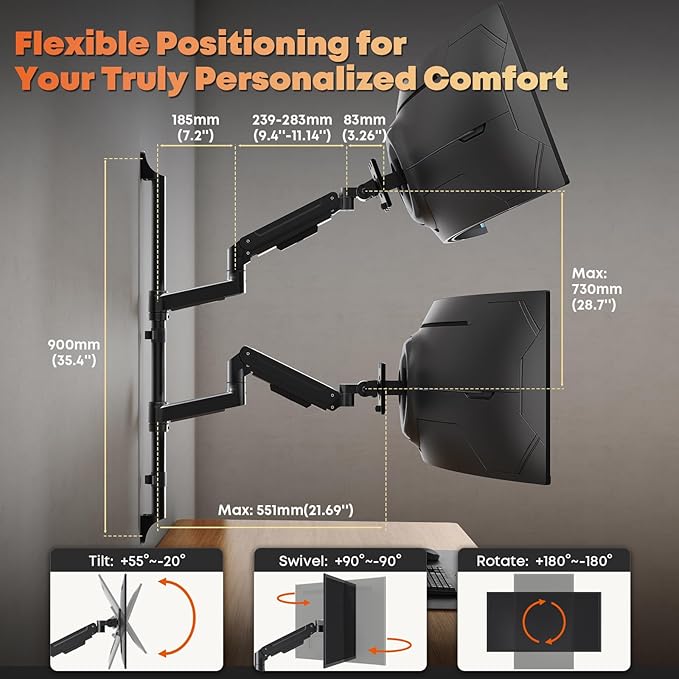 17-49" Dual Monitor Wall Mount - Fits Ultrawide Screens, Heavy Duty Gas Spring Arm with Long 35.4" Pole for Max Height Adjustment, Holds 44 lbs per Arm, VESA 75/100mm, Black