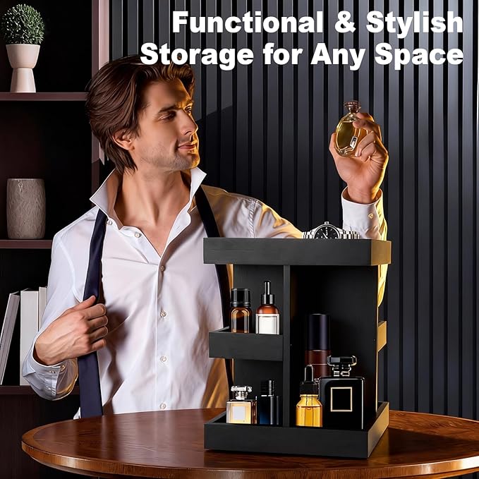 Cologne Organizer for Men, 3-Tier Perfume Stand with 360° Rotation, Wood Cologne Shelf for Desk, Nightstand Organizer, Dresser, Birthday Gifts for Husband Boyfriend, Gift for Dad From Wife (Black)
