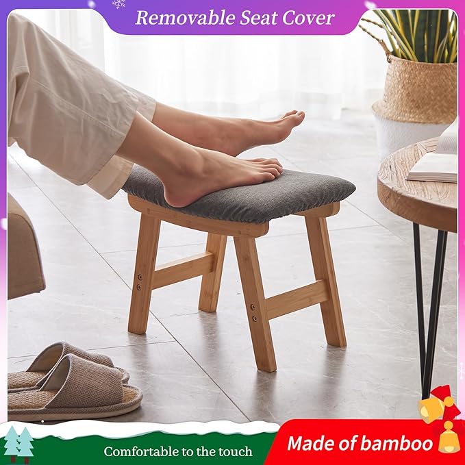 Kitsanery Foot Stool,Ottoman,Bamboo Small Sofa Foot Rest Under Desk,Extra Seating for Living Room, Bedroom and Kitchen (Natural Stool Legs - Gray Surface)