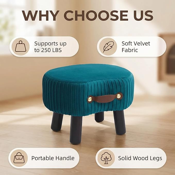 Small Footstool with Handle, Velvet Ottoman Foot Rest with Padded Seat, Curved Foot Stool with Wooden Legs, Portable Foot Rest for Living Room, Bedroom, Entryway, Peacock Blue