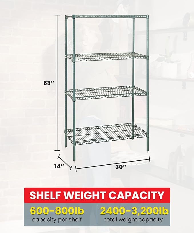 Quantum Storage Systems WR63-1430P Wire Shelving Starter Kit, 30" W x 14" D x 63" H, 600 lbs Capacity, Carbon Steel, Epoxy Coated, Green, NSF