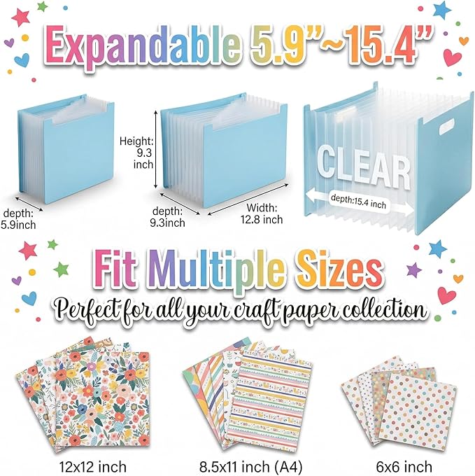 12x12 Scrapbook Paper Storage Organizer, Expandable 13 Pocket Desktop Paper Organizer Storage for Scrapbook Essentials, Large Scrapbook Storage for Photos, Washi Tape, Sticker (Blue)
