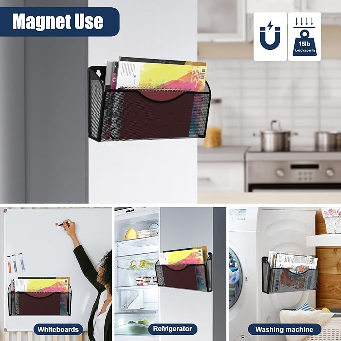 Magnetic File Holder 6 Pockets File Folder Organizer, Office Hanging Magazine Rack for File Cabinets, Magnetic Paper Holder, No Drilling Mail Organizer for Refrigerator, Office