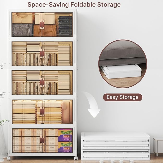 UAMFURI Stackable Storage Bins with Lids, 600QT Closet Organizers, Lockable Storage Cabinet，Foldable Storage Box with Doors and Wheels, Plastic Drawers for Home, Garage, Office (5, White, Large)