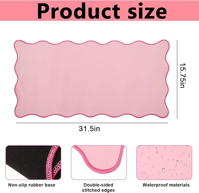 Scalloped Desk Mat, Large Cute Desk Pad for Desktop, Waterproof Scalloped Aesthetic Table Pad, Non-Slip Mouse Keyboard Mats Computer Accessories for Desk Office Home Gaming, 31.5" x 15.7"