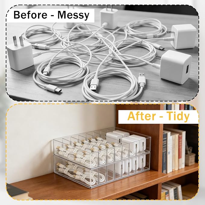 2Pcs Cable Charger Organizer Box with 16Pcs Wire Ties Large Plastic Cords Storage Organizer with Adjustable Compartments Electronics Organizer Stackable Cord Storage Box for Drawer Home Office, Clear