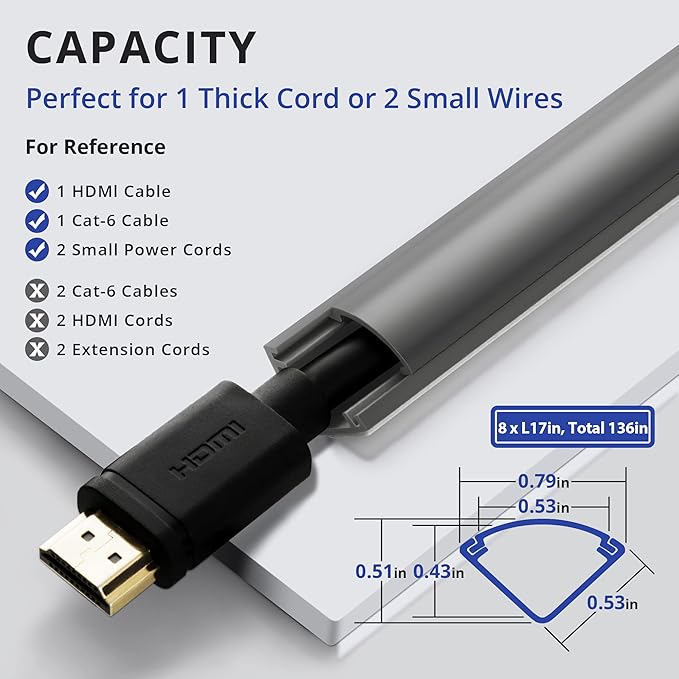 136in Corner Cable Concealer, Corner Cord Hider for One Cord, Wire Covers for Cords, Paintable Corner Cord Cover, Cable Management Channel Cable Raceway for Wall, Floor Baseboard, Ceiling Grey