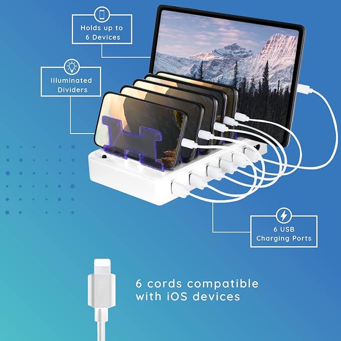 Charging Station for Multiple Devices – 6-Port USB Charging Dock for Apple & Android – Fast Multi-Charger Organizer for Phones, Tablets & More (White)