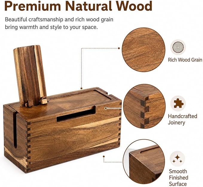Wooden Cable Management Box with Detachable Phone Stand, Cord Organizer Box for Power Strip & Charger, Ventilated Wire Storage Box with Storage Tray for Desk, Nightstand & Home Office (Brown)