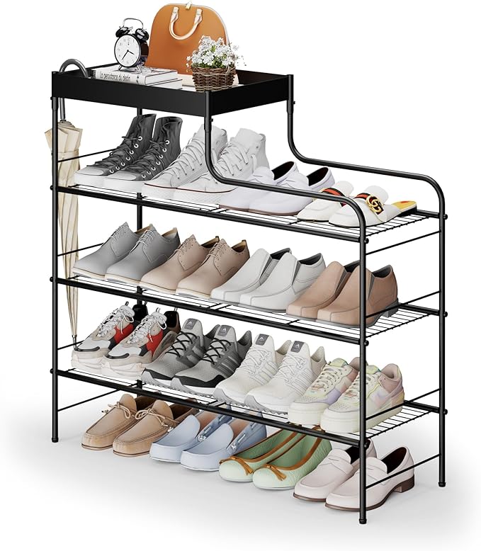 4 Tier Free Standing Shoe Racks with Storage Box, Metal Shoe Organizer for Closet with Sturdy Wire Grid, Large Capacity Shoe Rack Organizer for Entryway Corridor Living Room Balcony Bedroom, Black