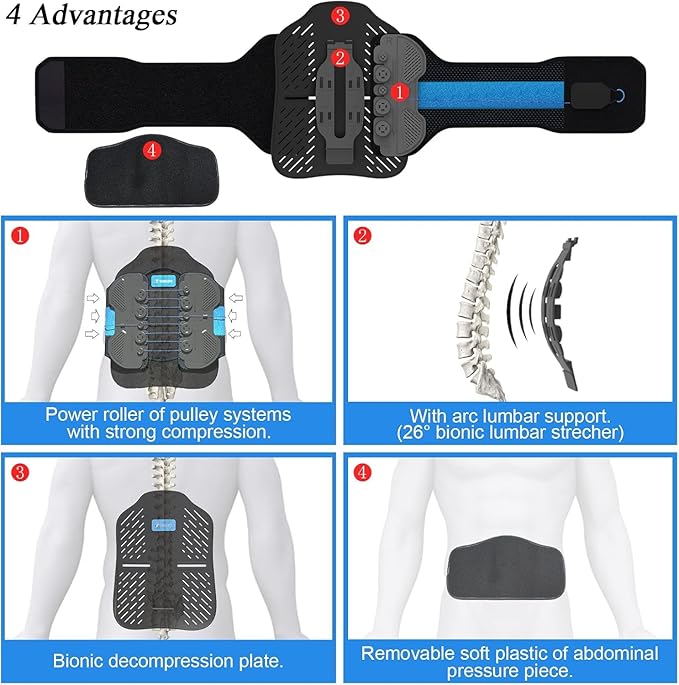 2.0 Version LSO Back Brace with Maximum Decompression Plate&Comfort Curve Back Support New Added with Foam Pad, Dual Pulley System Lumbar Support Belt for Lower Back, Spine, Disc(L/XL fit belly 35"-47")