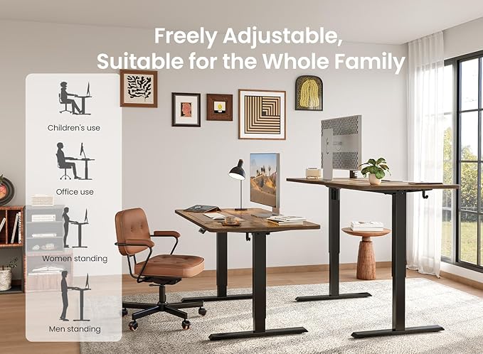 BANTI 63 × 28 Inches Standing Desk, Ergonomic, Electric Height Adjustable, Sit and Stand Up, Computer Desk with a Deeper Desktop, Black Frame/Rustic Brown Top
