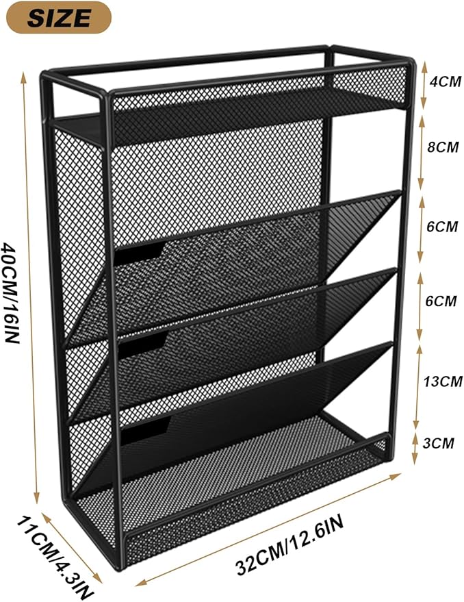 5 Tier Mesh Wall File Organizer,3 Pockets vertical Mount Hanging Organizer with Top/Bottom Tray | 2 Hooks | Wall Mount & Door Hanging for Office Home