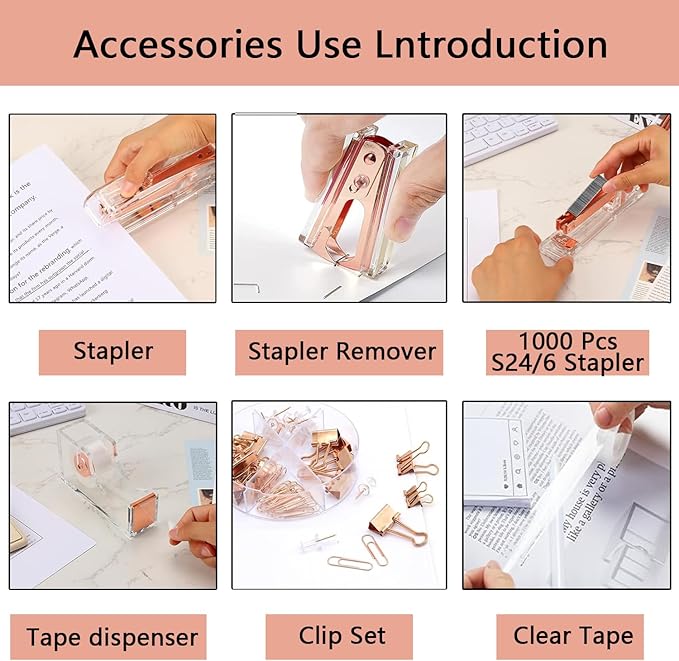 suniya Office Supplies,Rose Gold Desk Accessories,with Stapler,Tape Dispenser,Pen Holder,Scissors,Phone Stand,Staple Remover,Ballpoint Pen,Clear Tape,Staples,Ruler,Clips,Best Gift for Business or Boss