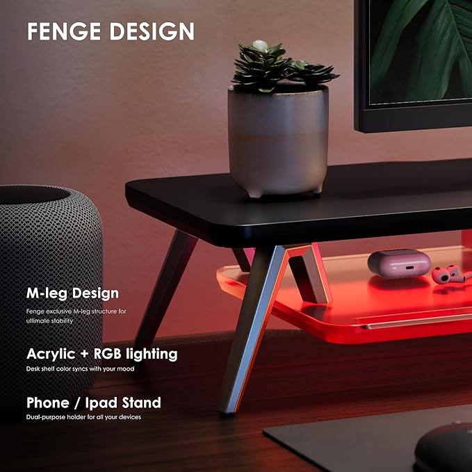 Fenge Dual Monitor Stand with 8-Mode LED Lights, 5.7" H Computer Monitor Riser with Acrylic Shelf & Aluminum Legs, Stable Desk Shelf Organizer for Computer Laptop Home Office & Gaming, Black
