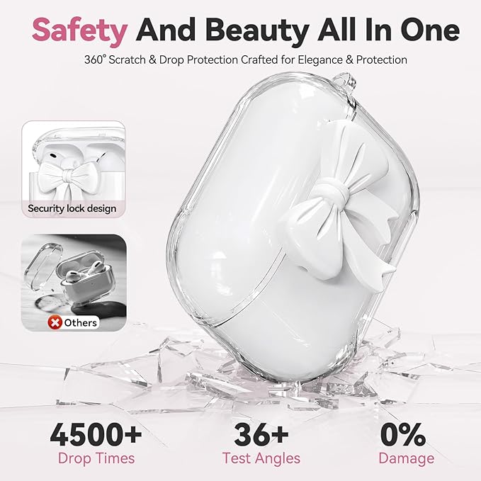for AirPods Pro 3 Case 2025 with Safety Lock & Phone Stand, Cute Clear Pink 3D Bow Cover with Keychain & Cleaning Kit, Auto-Open TPU Protective Shell for AirPods Pro 3rd Generation Women Girls (White)