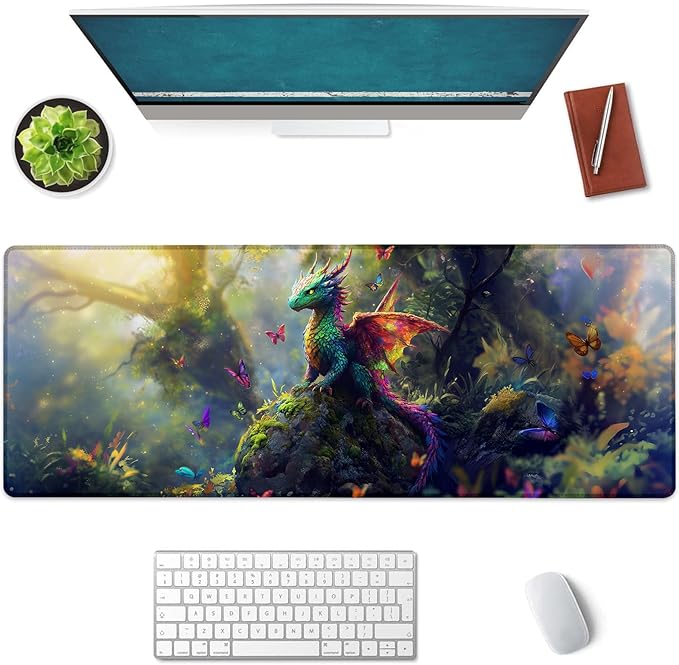 Enchanted Forest Dragon Large Mouse Pad, Gaming Mouse Pad, Non-Slip Rubber Base, Office Accessories, Desk Mat, Animal MousePads for School, Work, Home Decor Gifts 31.5" x 11.8"