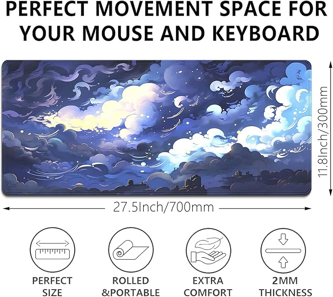 Blue Clouds Mouse Pad,Extended Stars Sky Dark Blue Clouds Mousepad Desk Pad with Stitched Edges,Non-Slip Waterproof Rubber Base Mouse Mat for Office Computer Keyboard Laptop Home 27.5x11.8 in