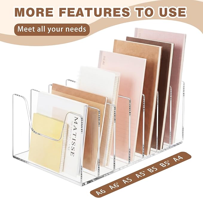 Wenqik Clear Acrylic Desktop File Organizer Vertical File Sorter 4mm Thick, Large Capacity Upright Magazine Organizer, Book Paper, Notebooks, Envelopes, Mail Holder(1 Pack,7 Section)