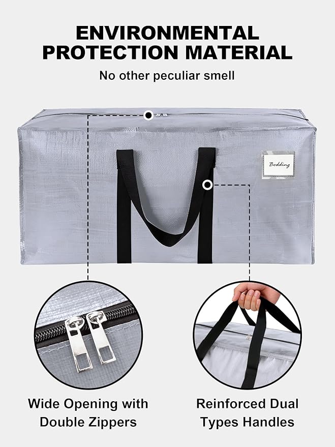 HOMESURE Supports 200lbs Heavy Duty Moving Bags - Strong Zipper & Wrap-Around Handles - Water-Resistant Storage Totes, Durable Alternative to Moving Boxes - 4 Pack - Silver