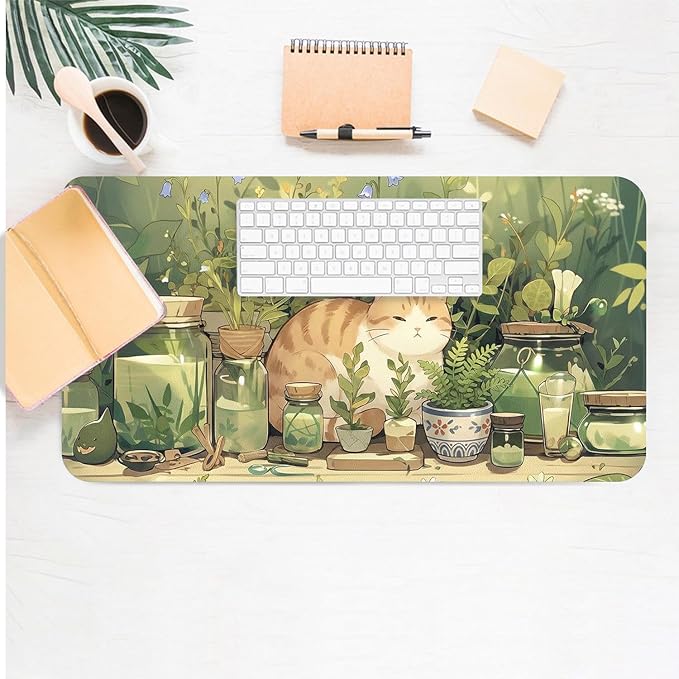 Cute Desk Mat, Kawaii White Cat Large Mouse Pad for Desktop, PU Leather Waterproof Desk Pad, Anti-Slip Computer PC Laptop Protector Gaming Mouse Pads for Office Home Decorations (31.5" x 15.7")