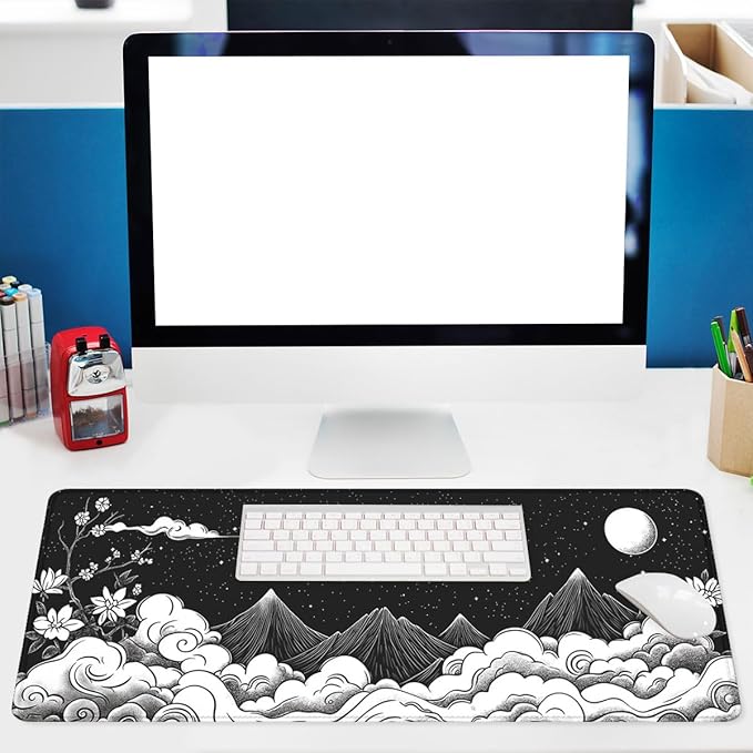 Moon Mountain Gaming Mouse Pad Black White Landscape Zen Mountain Mousepad Extended Large Laptop Keyboard Non-Slip Rubber Base with Stitched Edges 31.5x11.8 Inch