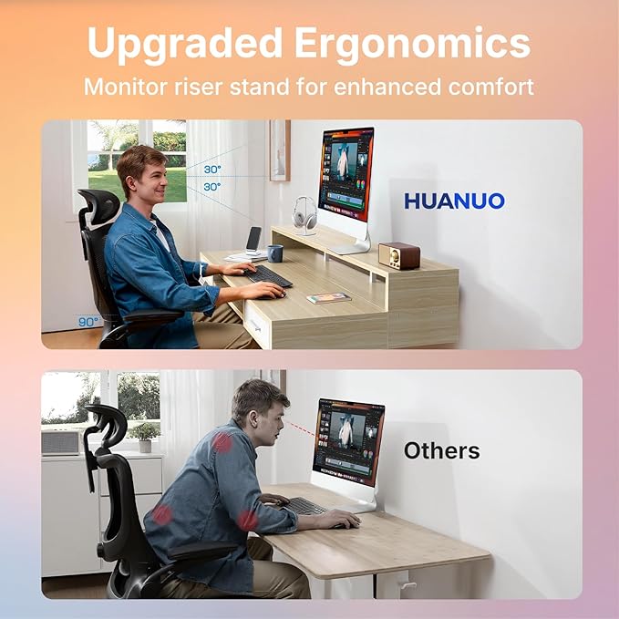 HUANUO 63″ x 26″ Electric Standing Desk with 2 Drawers &24.4″ Large Keyboard Tray, C-Clamp Mount Compatible, Adjustable Computer Desk for Office, Sit Stand Up Desk with 4 Height Presets, Light Walnut