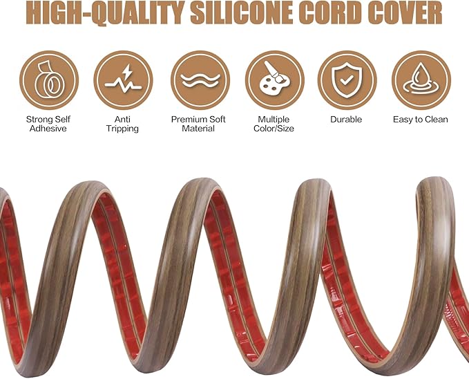 Floor Cord Cover Self Adhesive Cord Hider,3.3FT Cable Management, Extension Strip Protector for Wires, Prevent Cable Trips for Offices, Gyms, Exhibitions Cavity:0.3"(W) x0.28(H) Woodsmokedbrown