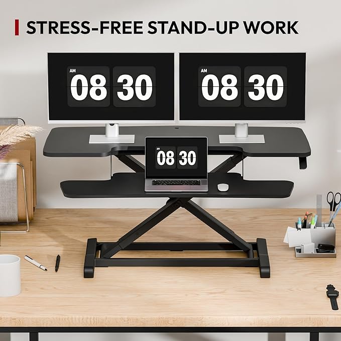 SANODESK 40" Desk Converter, Height Adjustable Sit to Stand Riser, Dual Monitor and Laptop Workstation with Wide Keyboard Tray, Modern Minimalist Design, Black