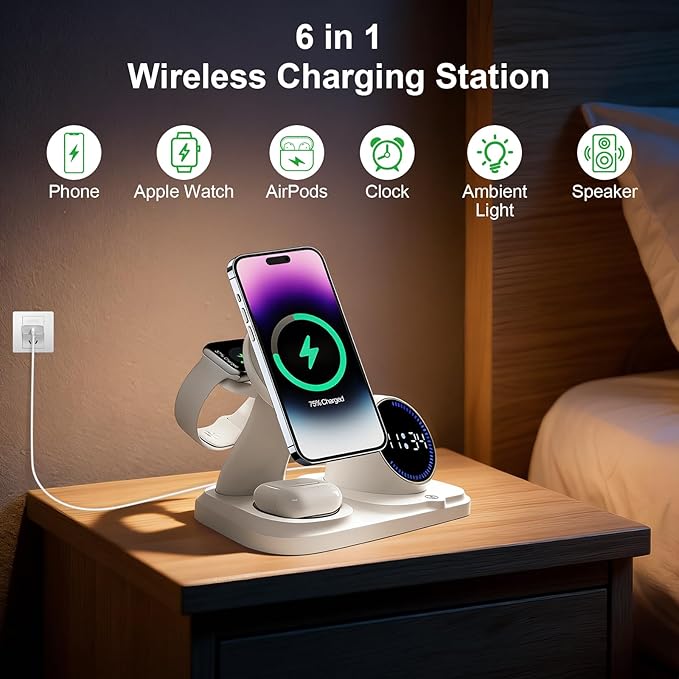 6-in-1 Wireless Charging Station with Bluetooth Speaker,Digital Clock and Ambient Lights,Fast Wireless Charger for for Multiple Devices for Apple - iPhone 17 16 15 14 13 12 Pro Max Apple Watch Airpods