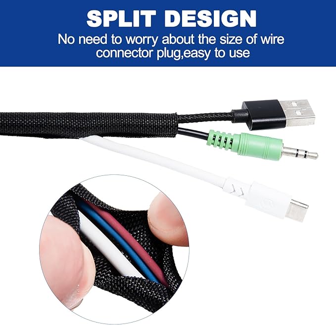 Split-Sleeve Wire Loom for High-Temperature Automotive Harness and Home Cable Management, 25ft - 4/5 inch Braided Cable Management Sleeve Cord Protector, Self-Wrapping Split Wire Loom