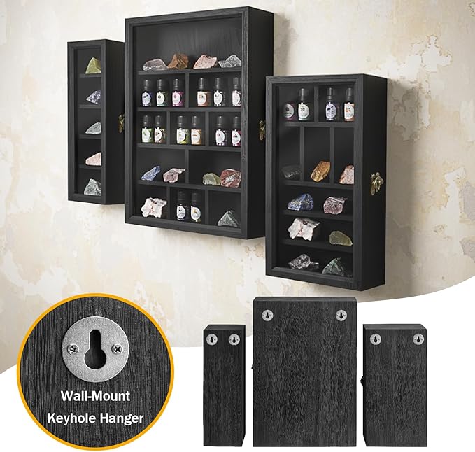 Ikee Design 3 Pcs Set Wall-Mounted Wooden Shadow Cubby Box Display Shelf with 24 Compartments with Door Storage Display Case for Collectibles, Trinkets, Mini Figures, Black Color