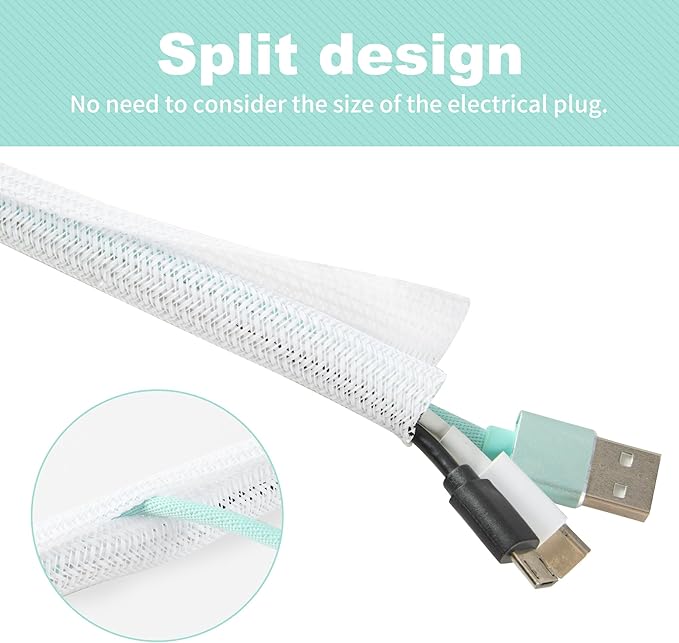 Split Wire Loom 3/8 Inch 50ft, Braided Cable Sleeve for Cable Management, Cord Protector for Pets, TV, Desk & Automotive, White