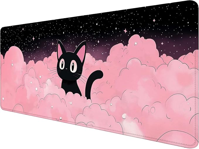 Cute Black Cat Gaming Mouse Pad Cartoon Galaxy Pink Clouds Kawaii Mousepad Extended Large Laptop Keyboard Non-Slip Rubber Base with Stitched Edges for Home 31.5x11.8 Inch