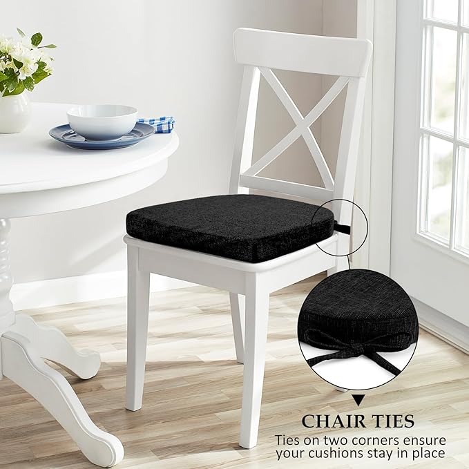 Wellsin Chair Cushions for Dining Chairs 6 Pack - Kitchen Chair Cushions with Ties and Non-Slip Backing - Dining Chair Pads 16"X16"X2", Black