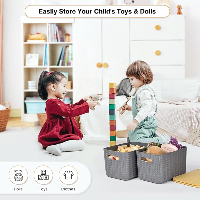 Ohmlove 4 Packs Storage Bins with Bamboo Lids - Plastic Storage Containers with Lids Stackable Storage Box：Storage Baskets for Organizing Desktop Closet Playroom Classroom Office,Gray