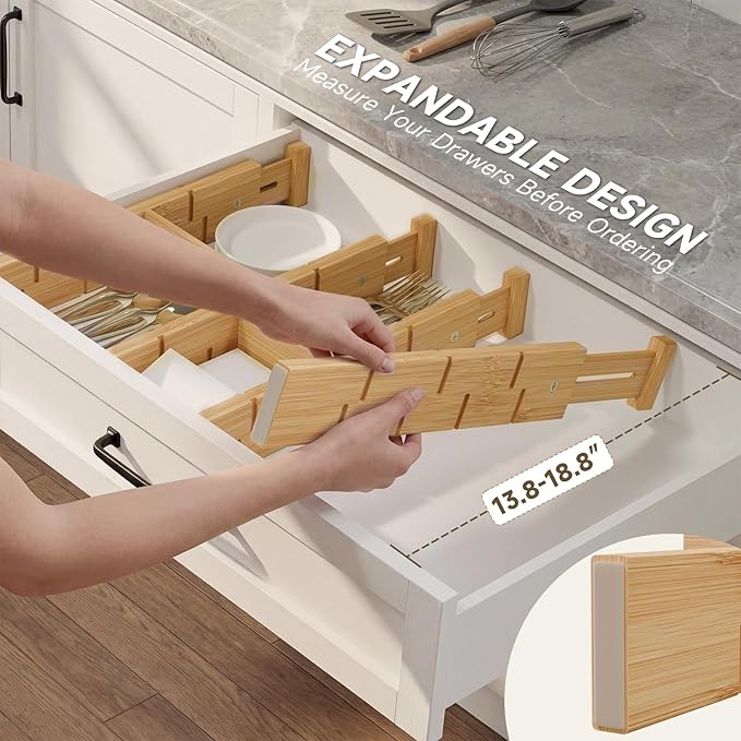 Bamboo Drawer Dividers, Expandable Kitchen Drawer Organizer, Include 4 Dividers, 4 Small Inserts and 4 Medium Inserts for Home, Office, Dressers