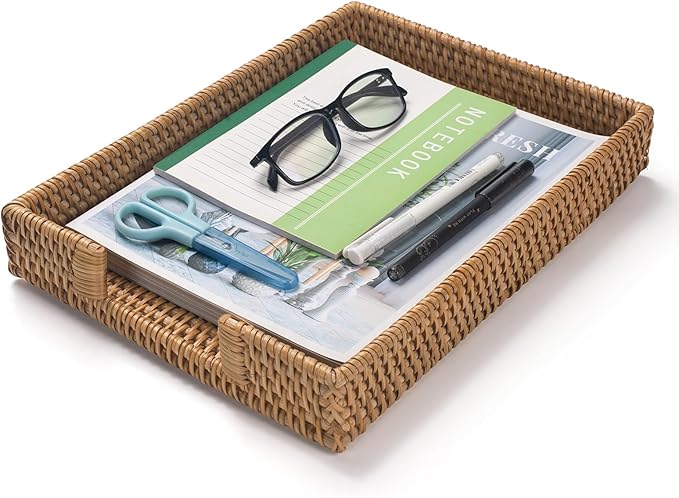 Rattan Letter Tray, Wicker Desk Tray, Woven Desk Organizer, A4 Paper, Document, File, Mail, Magazine Storage Basket for Office, Classroom, Home Desktop