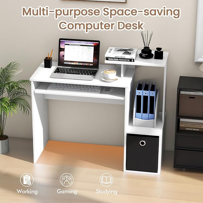 Giantex White Computer Desk with Drawers & Keyboard Tray, Modern Home Office Desk with Storage Shelves & Printer Stand, Laptop PC Table for Workstation, Study Writing Desk for Small Spaces, Bedroom