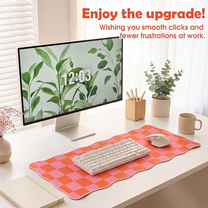 Copkim 1 Pcs Pink Orange Scalloped Checkered Desk Mat 31.5 x 11.8 Large Cute Mouse Pad Computer Mat Non Slip Waterproof Rubber Base with Border Stitching Soft Keyboard Pad for Home Office Game Makeup