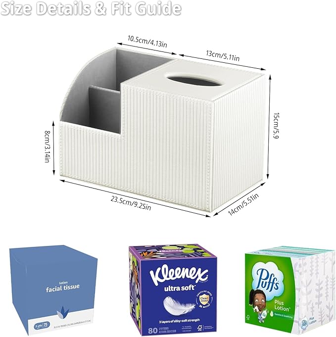 Square Tissue Box Cover with Storage, PU Leather Cube Tissue Box Holder, Remote Control Nightstand Organizer, Modern Desk Caddy for End Table, Bathroom, Bedroom, Home, Office Decor