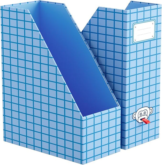 JiaWei Magazine File Holder Foldable Storage Boxes for Documents - Set of 2 Cardboard Magazine Rack Made of 2150 g/m² 10.5 cm Wide，Desk Organizer for Classroom, Home, and Office - Blue