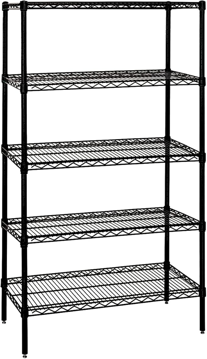 Quantum Storage Systems WR86-2430BK-5 Wire Shelving Starter Kit, 30" W x 24" D x 86" H, 600 lbs Capacity, Carbon Steel, Epoxy Coated, Black, NSF