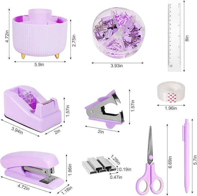 Gawsey Purple Desk Organizers and Accessories Set with 360-Degree Rotating Pen Holder, Tape Dispenser, Stapler, Staple Remover, 1000 Staples, Tape, Clips Set, Ruler, Scissor, Pen